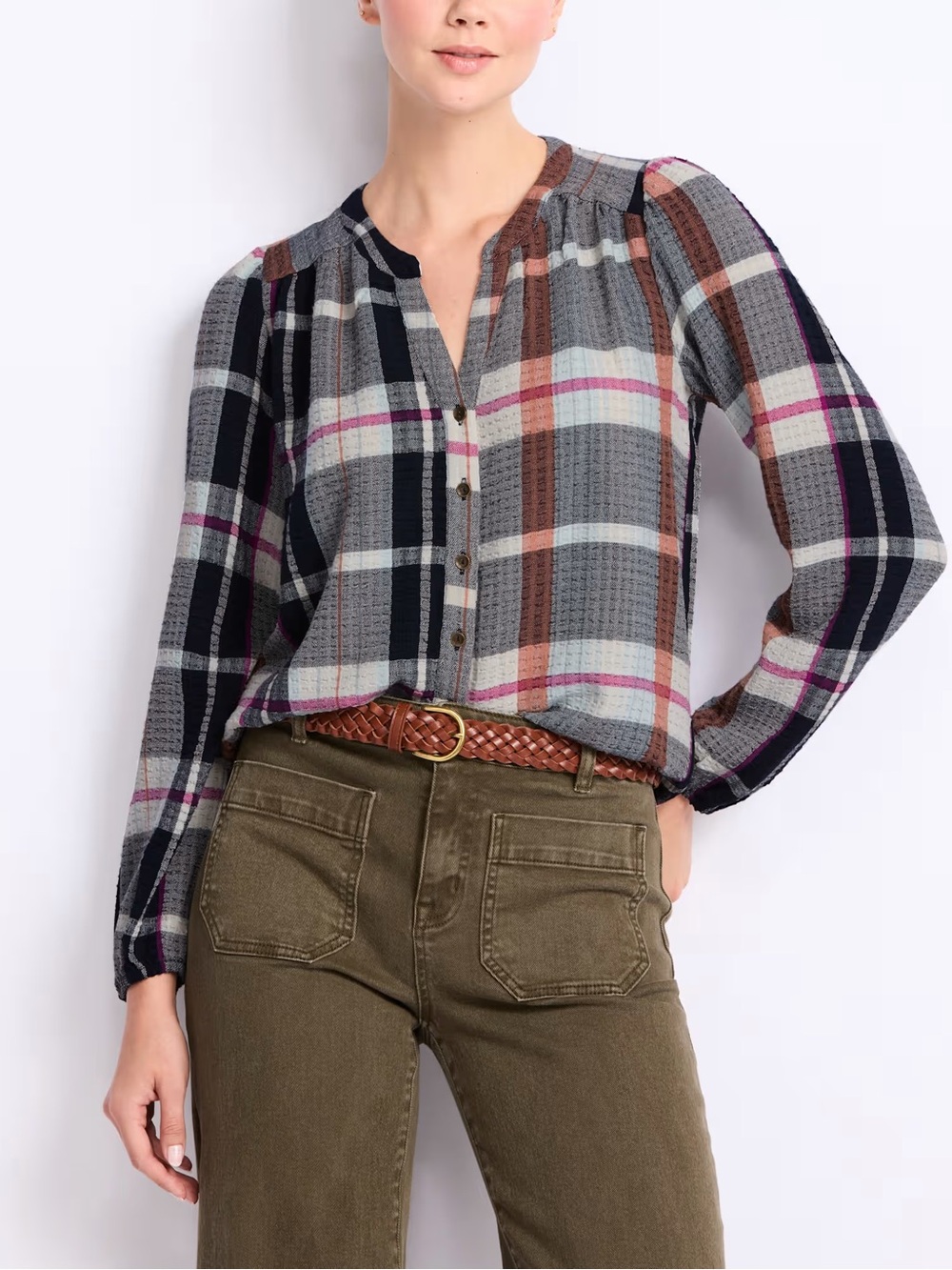 MASON & BELLE Aila Plaid Split Neck Top - XL